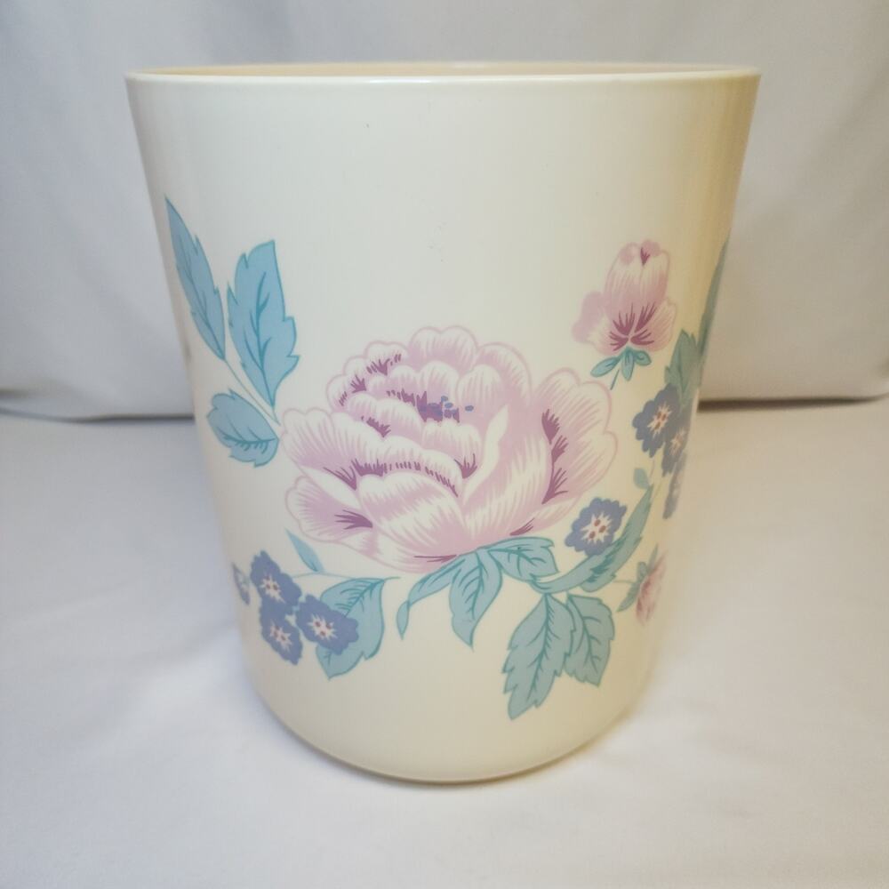 Vintage Hygiene Industries Floral Bathroom Trash Can Cream Made In USA 11" Tall
